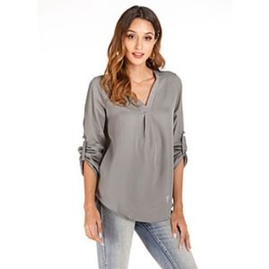 Ecru Gray V-neck Long Roll Tab Sleeve Distressed Pullover Top Size Medium